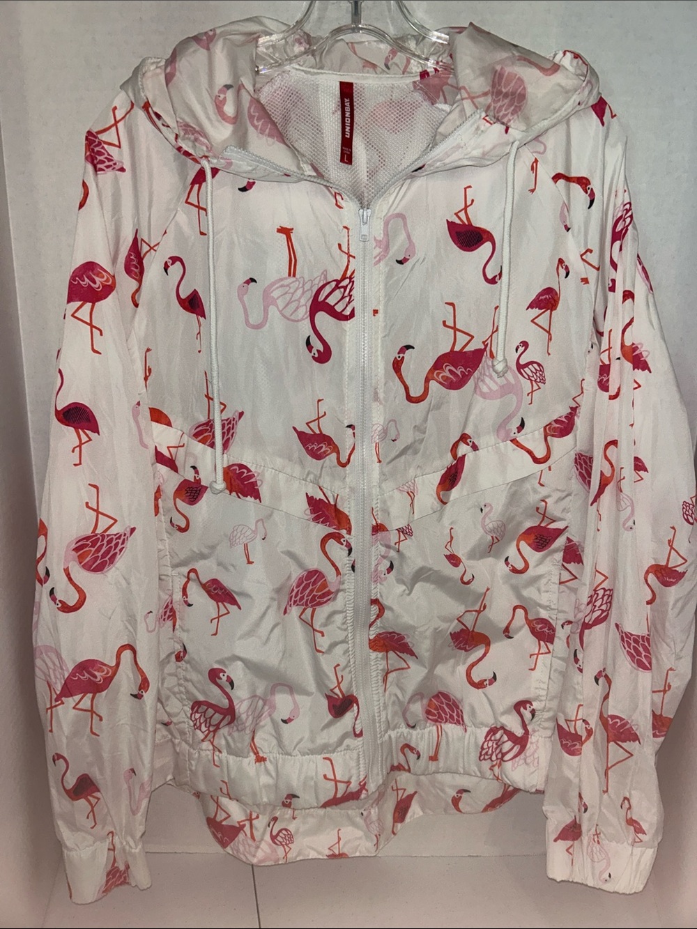 UNIONBAY White Hooded Windbreaker with Pink Flamingo Print